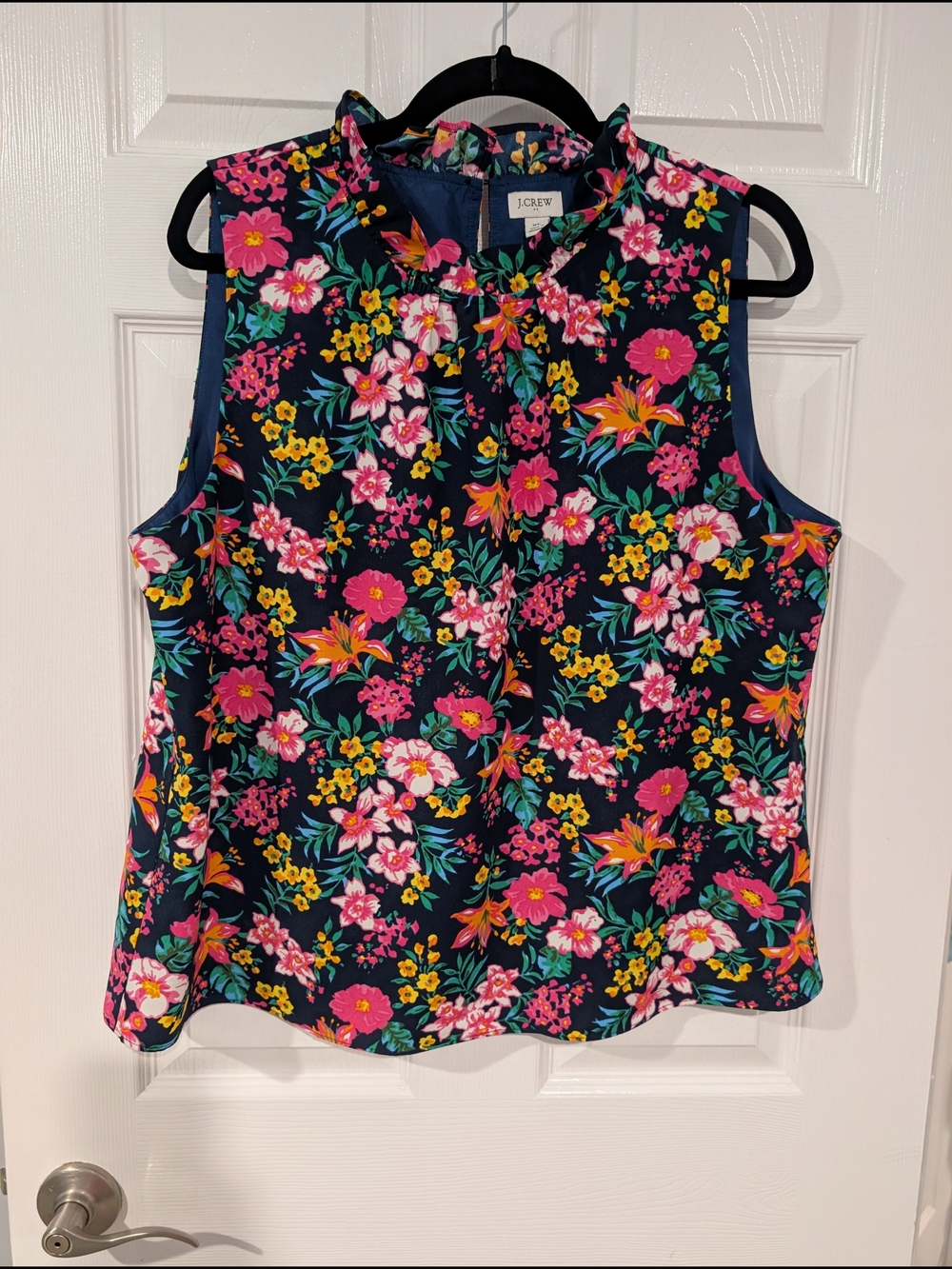 J. Crew Navy Multicolored Floral Ruffle Neck Sleeveless Top in Size XL